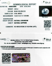 5.00/CT Natural White Sapphire with Govt Lab Certificate